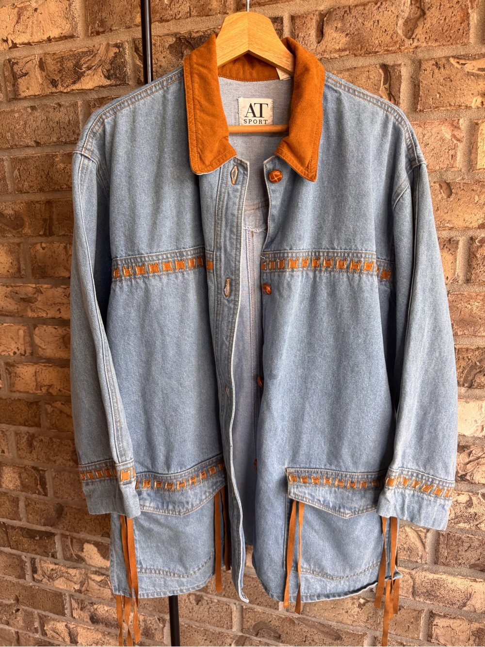 Vintage AT Sport Denim Jacket S Fringe Western Southwestern Boho Oversized - Picture 2 of 16